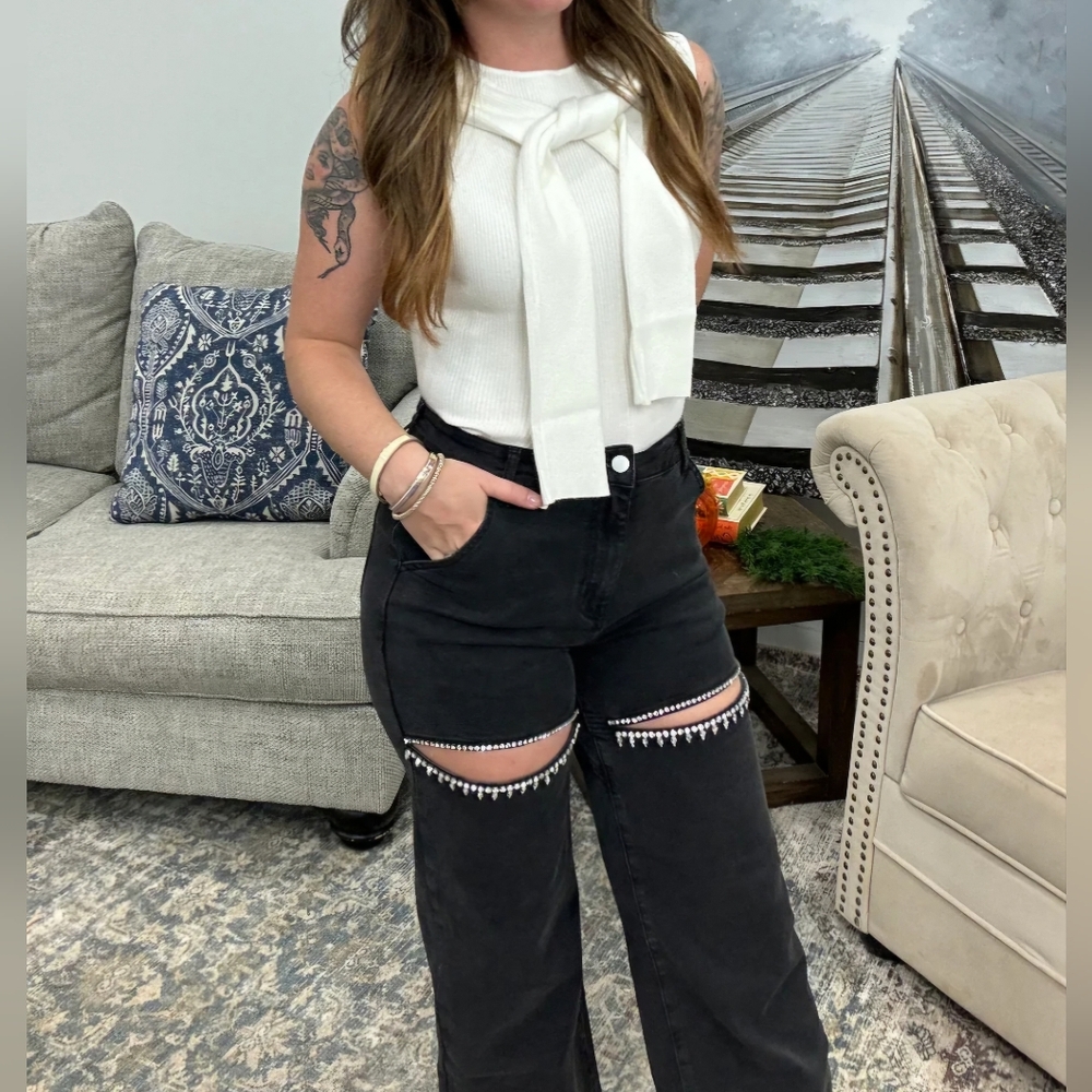 #59585 🛑S, L FABULOUS Cut Out Front Rhinestone Washed Denim Jeans - Picture 11 of 16